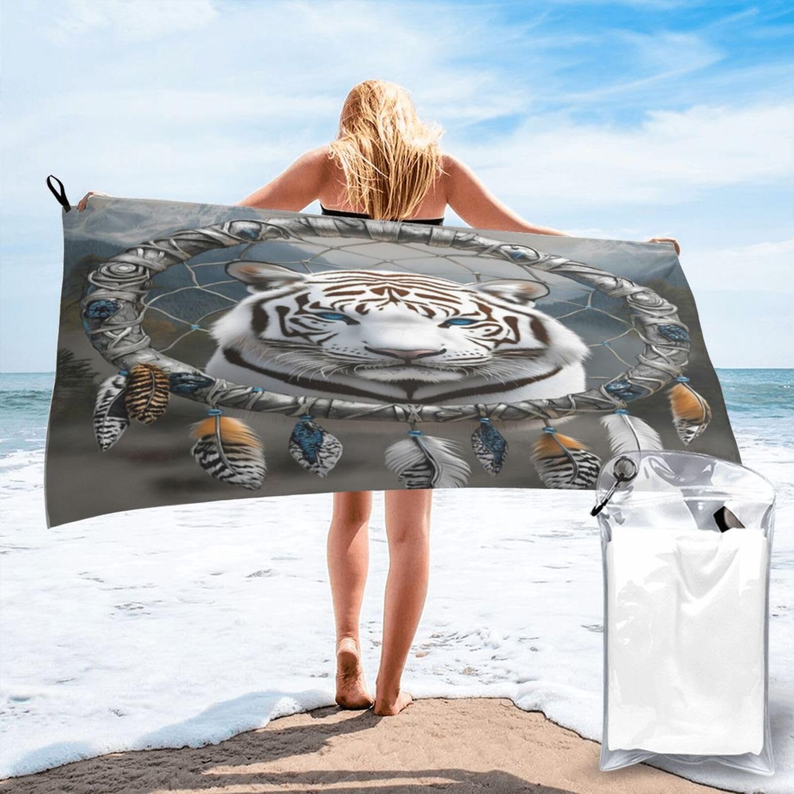 Anceky Dreamcatcher with White Tiger's Face Quick Dry Microfiber Travel Towel with Carry Case and Carabiner 31.5"X63"
