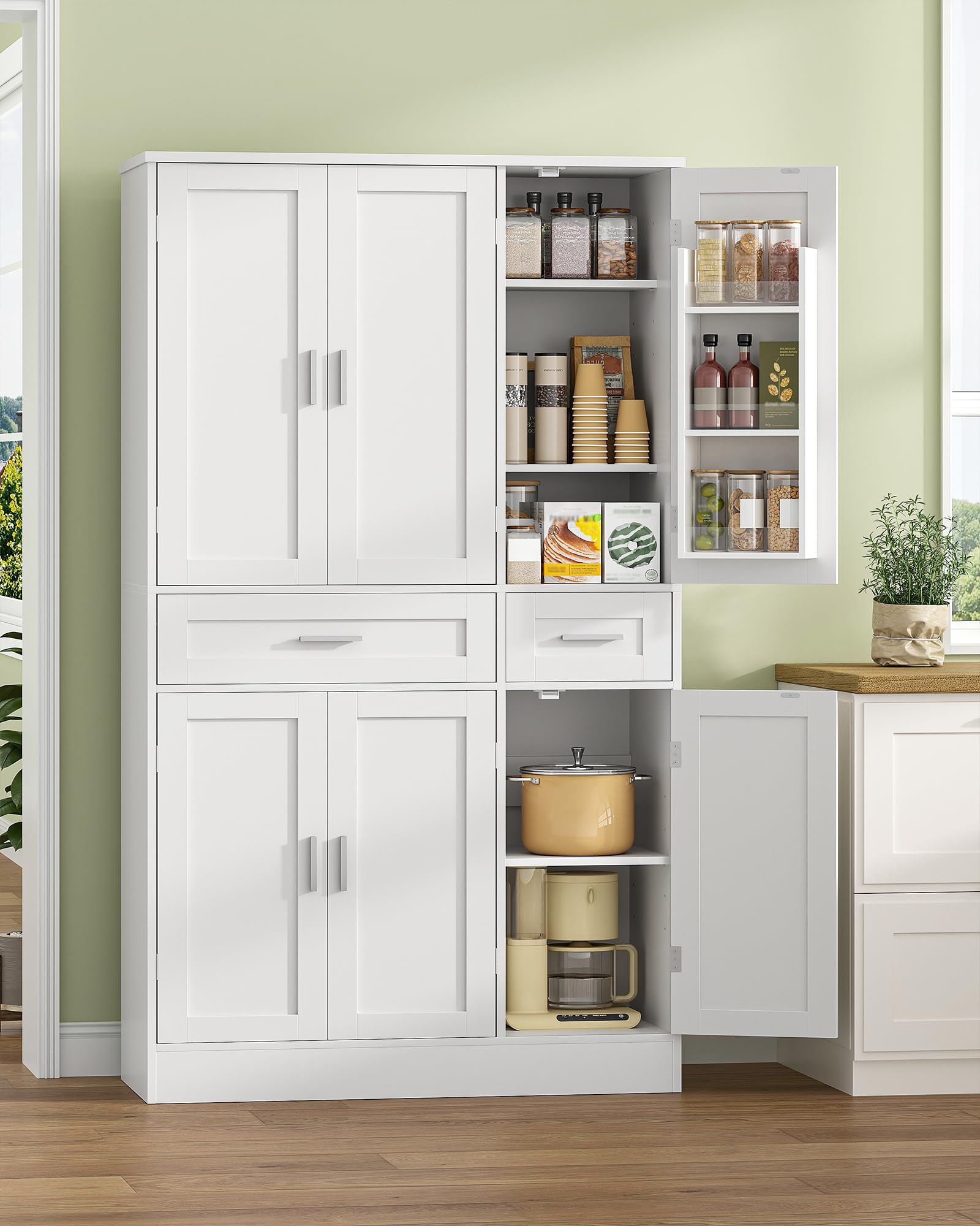 Hzuaneri Buffetschrank, Küchenschrank mit 9-stufigem Türrückseiten-Regalsystem, Sideboard mit 6 Türen und 2 Großer Schublade, Modern Stil, Küche, Wohnzimmer, 40 x 92 x 180 cm, Weiß PT30003X