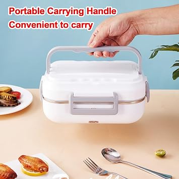 Portable Food Warmer, Electric Lunch Box Food Warmer, 1-1.5L Stainless Steel Container with Chopsticks and Spoon, for Cars, Trucks, Home and Workplace Adults, 12V/220V(White)