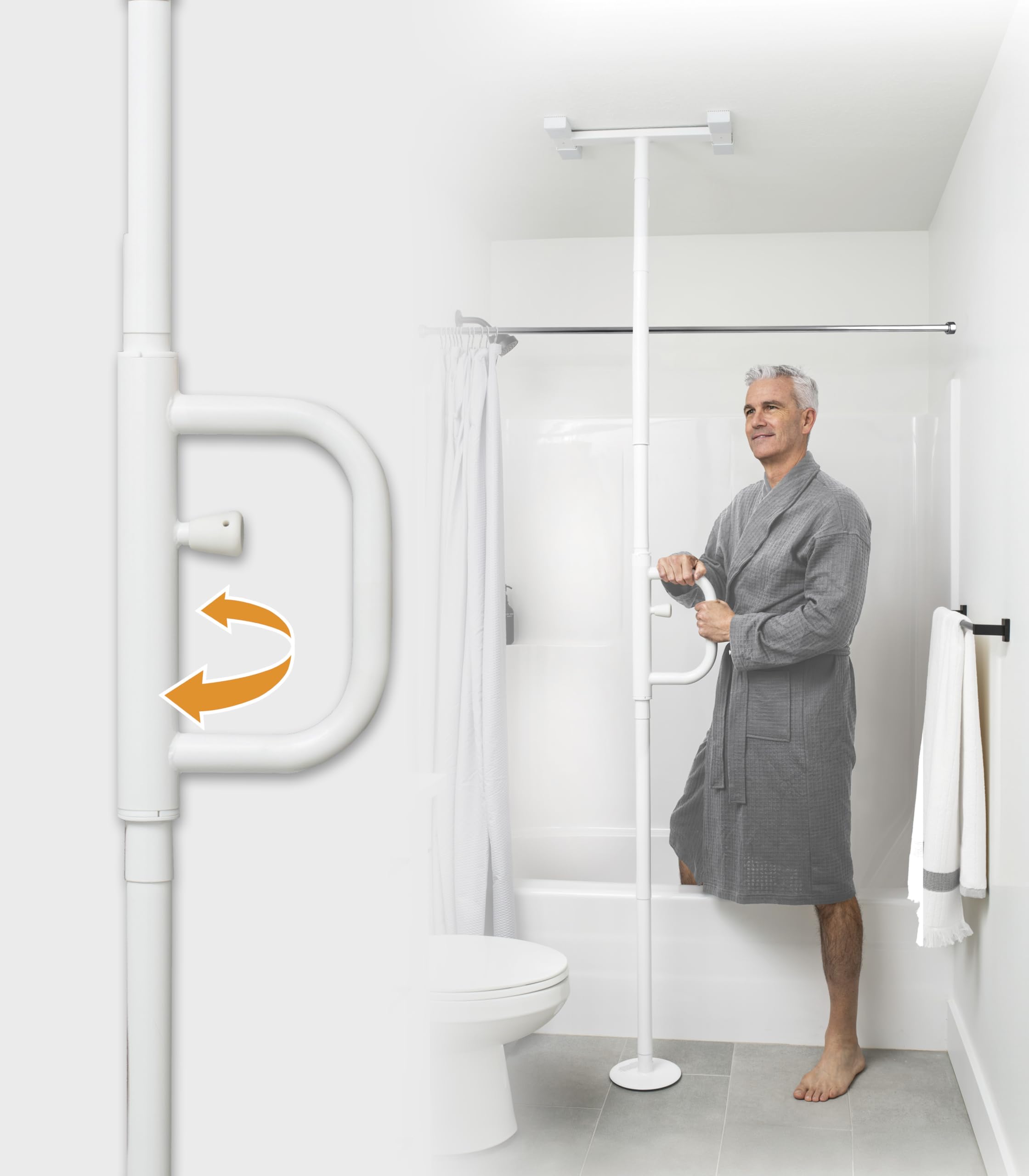 Stander Security Pole and Curve Grab Bar, Elderly Tension Mounted Floor to Ceiling Transfer Pole, Bathroom Safety Assist and Stability Rail, Iceberg White (Eligible for VAT Relief in The UK)