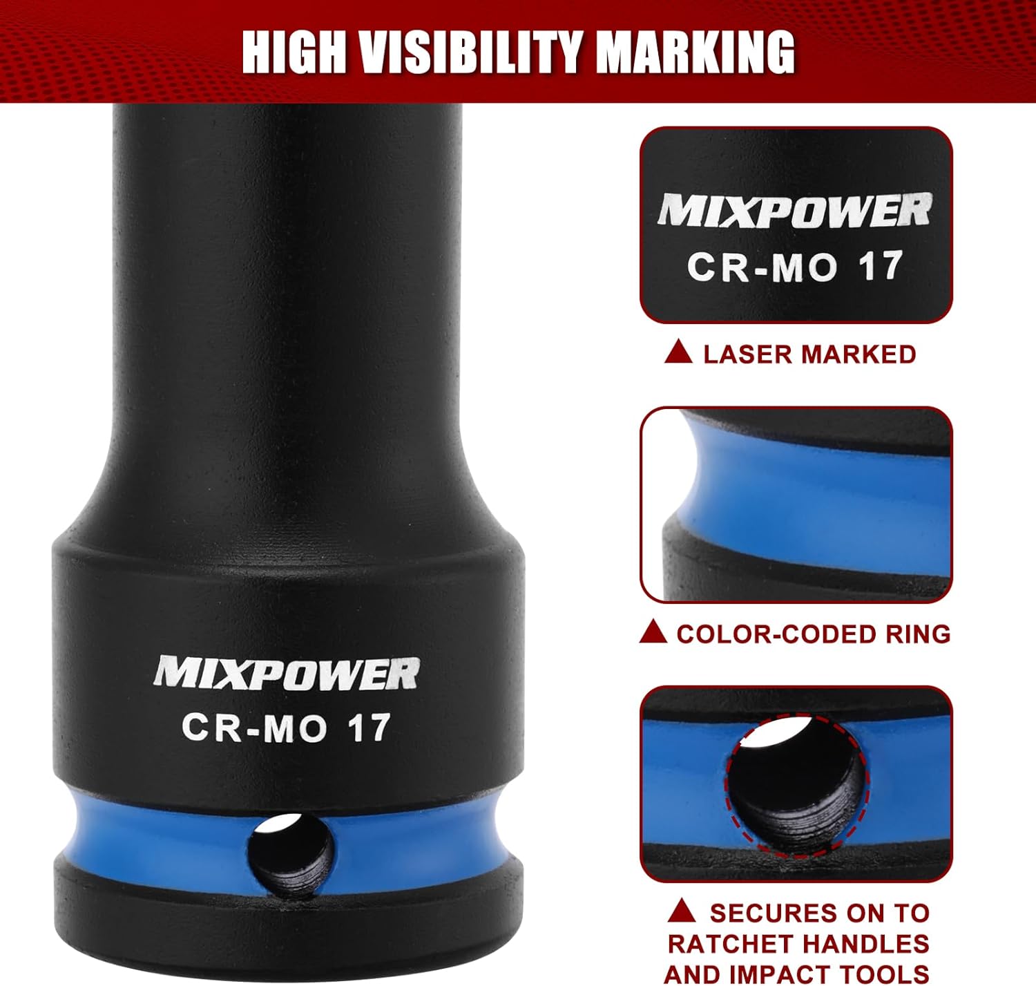 MIXPOWER 3 PCS 1/2" Drive Lug Nut Impact Socket Set, Non-marring & Thin Wall Lug Nut Socket Set, Extra Long 150mm Deep Socket for Wheel Lug Nut Remover,Metric(17 19 21mm), 6-Point,CR-MO