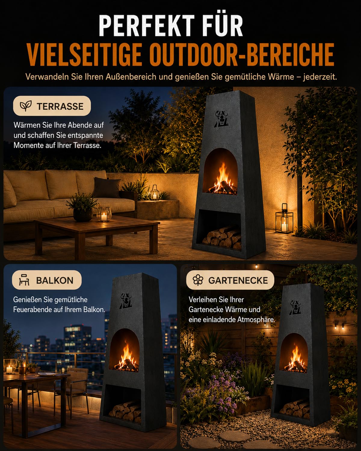 Komplett montierter Gartenkamin, Cortenstahl-Terrassenofen