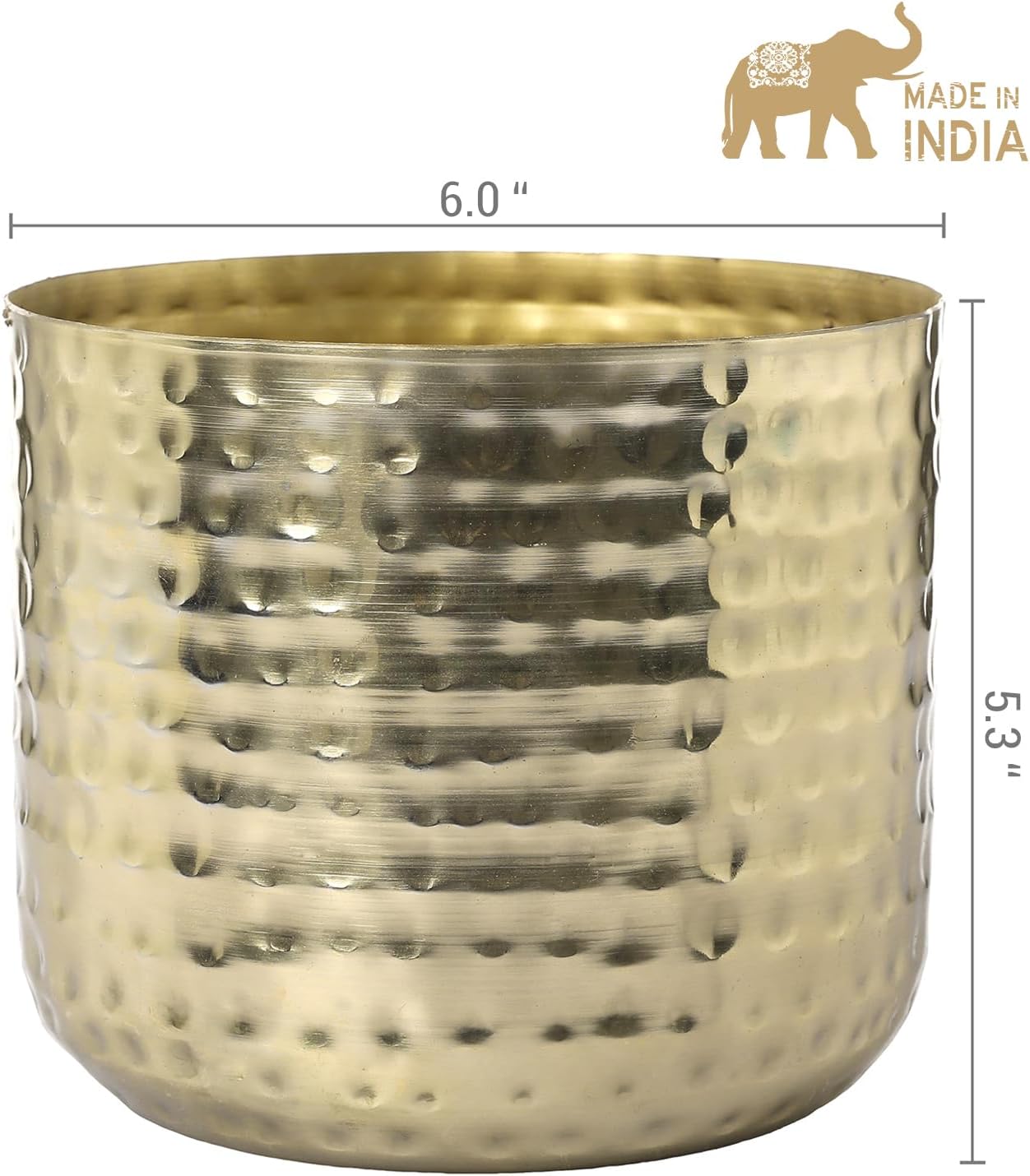 MyGift 6-Inch Shiny Brass Tone Metal Plant Pot with Hammered Texture, Cylindrical Indoor Succulent Planter - Handcrafted in India