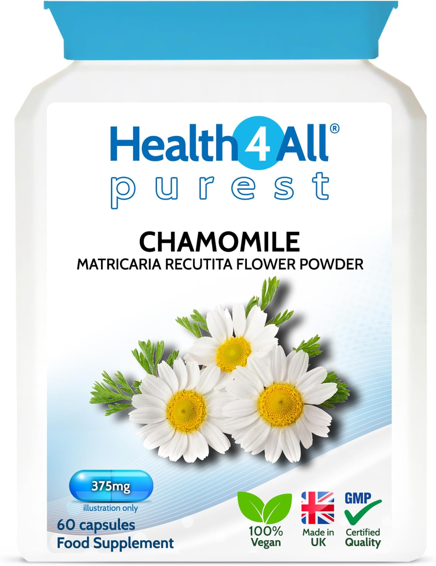 Health4All Chamomile 375mg, 60 Capsules 2 Months Supply, Purest Anxiety, Stress, Sleep and Digestive Health Supplement, Vegan Matricaria Recutita Flower Powder (not Extract) Capsules | Made in UK