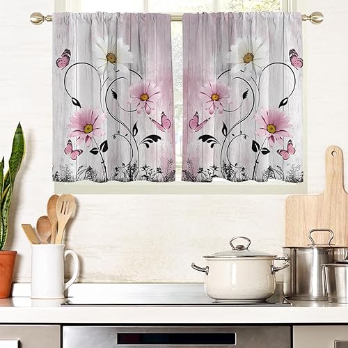 Miniatura 20 de AAtter Cortinas florales amarillas para ventana de cocina, diseño abstracto de margaritas blancas botánicas, pequeñas y cortas, para el hogar, sala