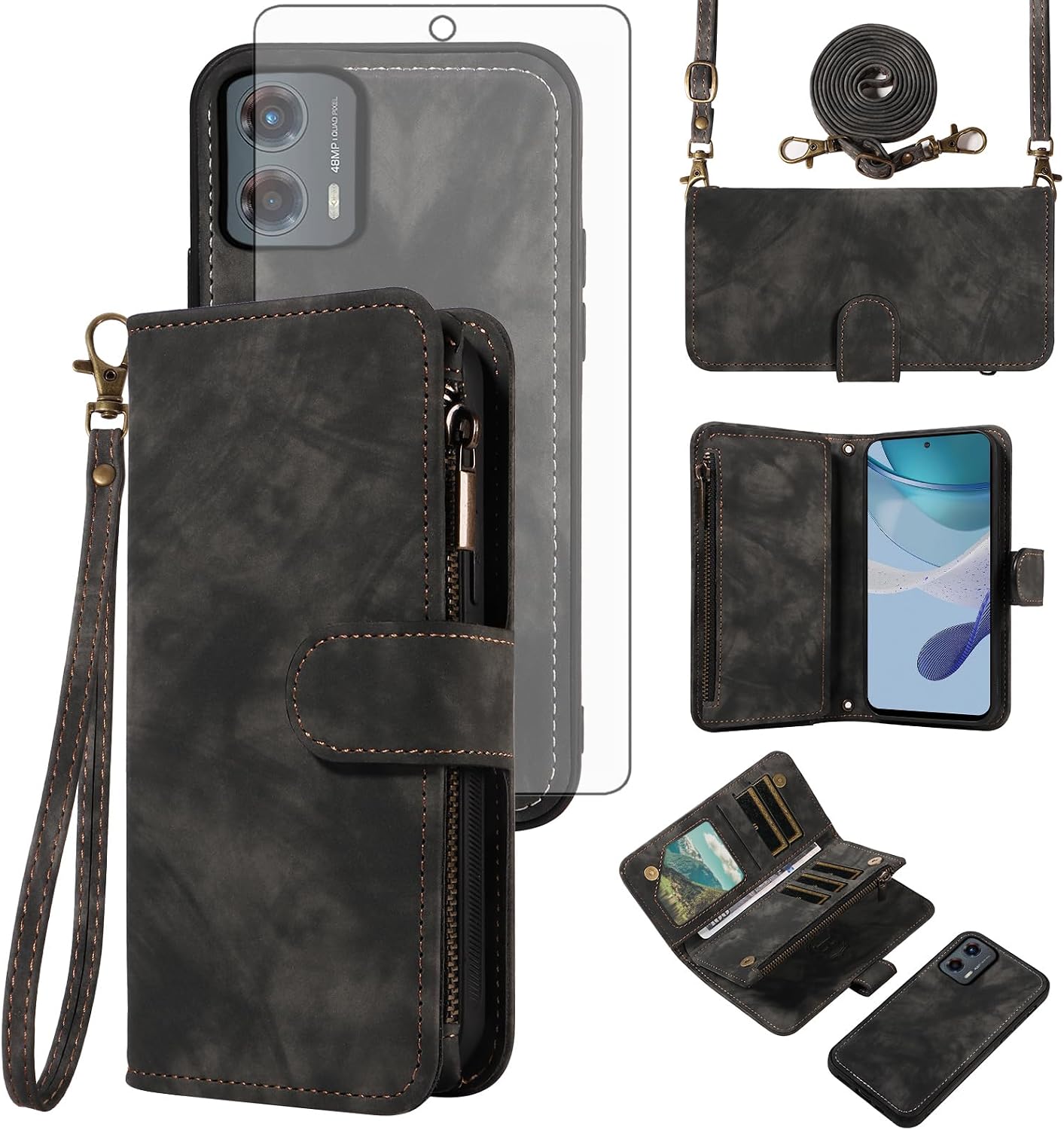 Asuwish Phone Case for Motorola Moto G 5G 2023 Zipper Wallet Magnetic Cell Cover with Tempered Glass Screen Protector Crossbody Wrist Strap Flip Credit Card Holder Purse Slot G5G G5 Women Girls Black
