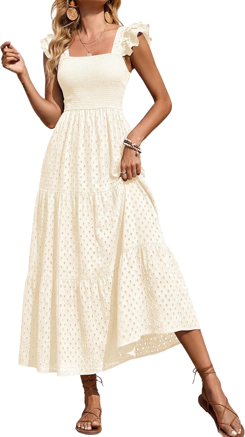 PRETTYGARDEN Womens Summer Square Neck Maxi Dresses Cap Sleeve Eyelet Smocked Tiered A Line Flowy Long Dress with Pockets