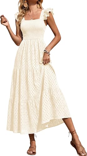 PRETTYGARDEN Womens Summer Square Neck Maxi Dresses Cap Sleeve Eyelet Smocked Tiered A Line Flowy Long Dress with Pockets,