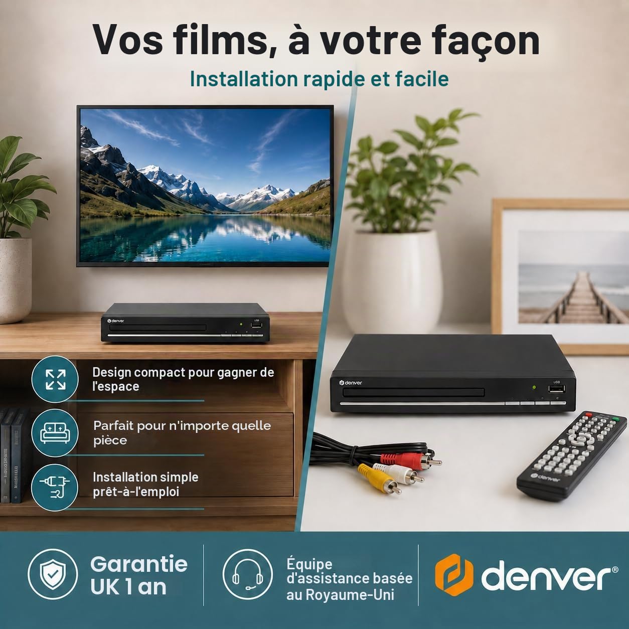 Denver DVH-7787 Lecteur DVD compact, multi-régions/toutes régions, mise à l'échelle Full HD 1080p, HDMI, connexions péritel et vidéo composite, port USB et télécommande