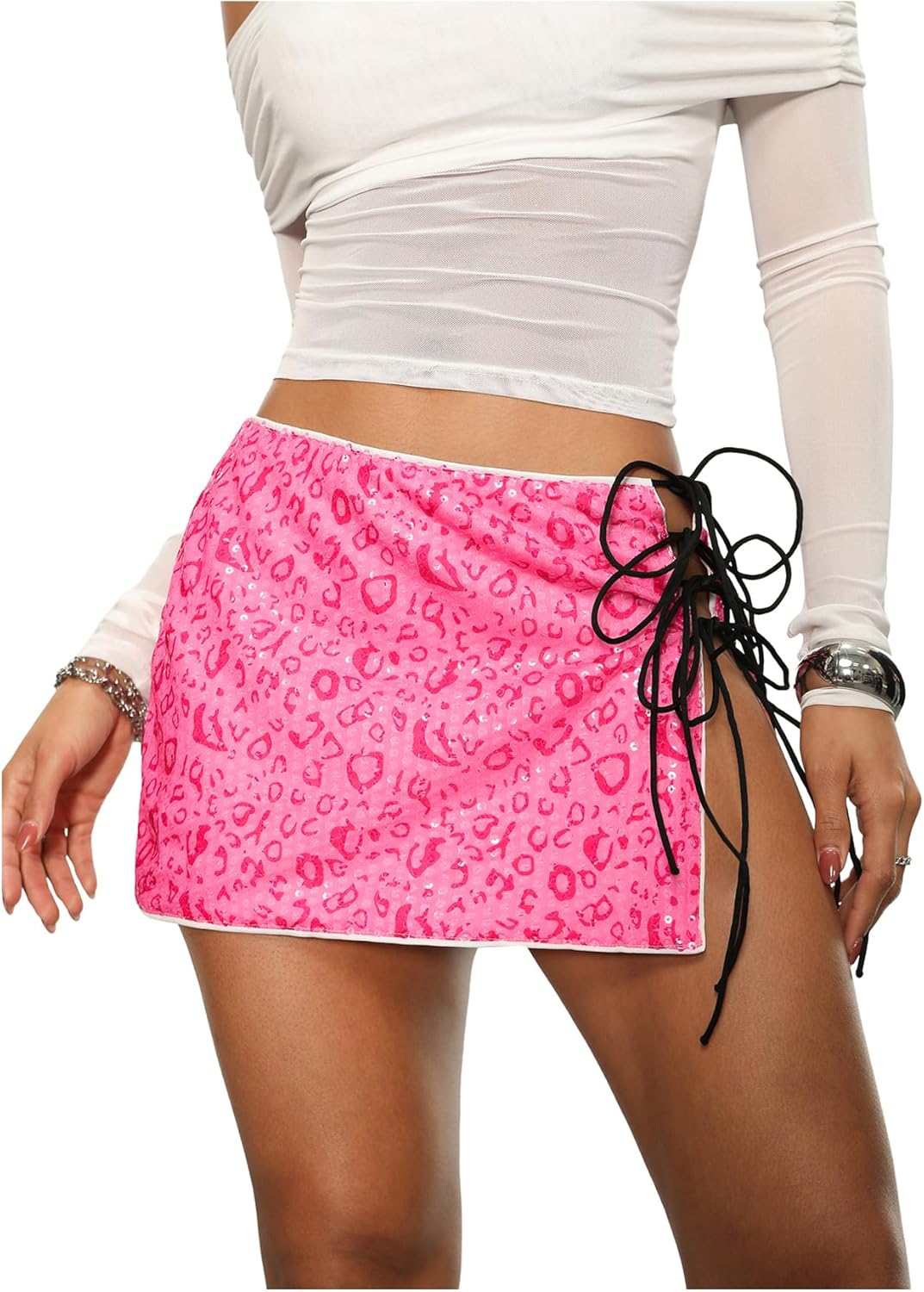 SOLY HUX Women's Sequin Lace Up Tie Side Mini Skirt Zebra Striped Drop Waist Skirts