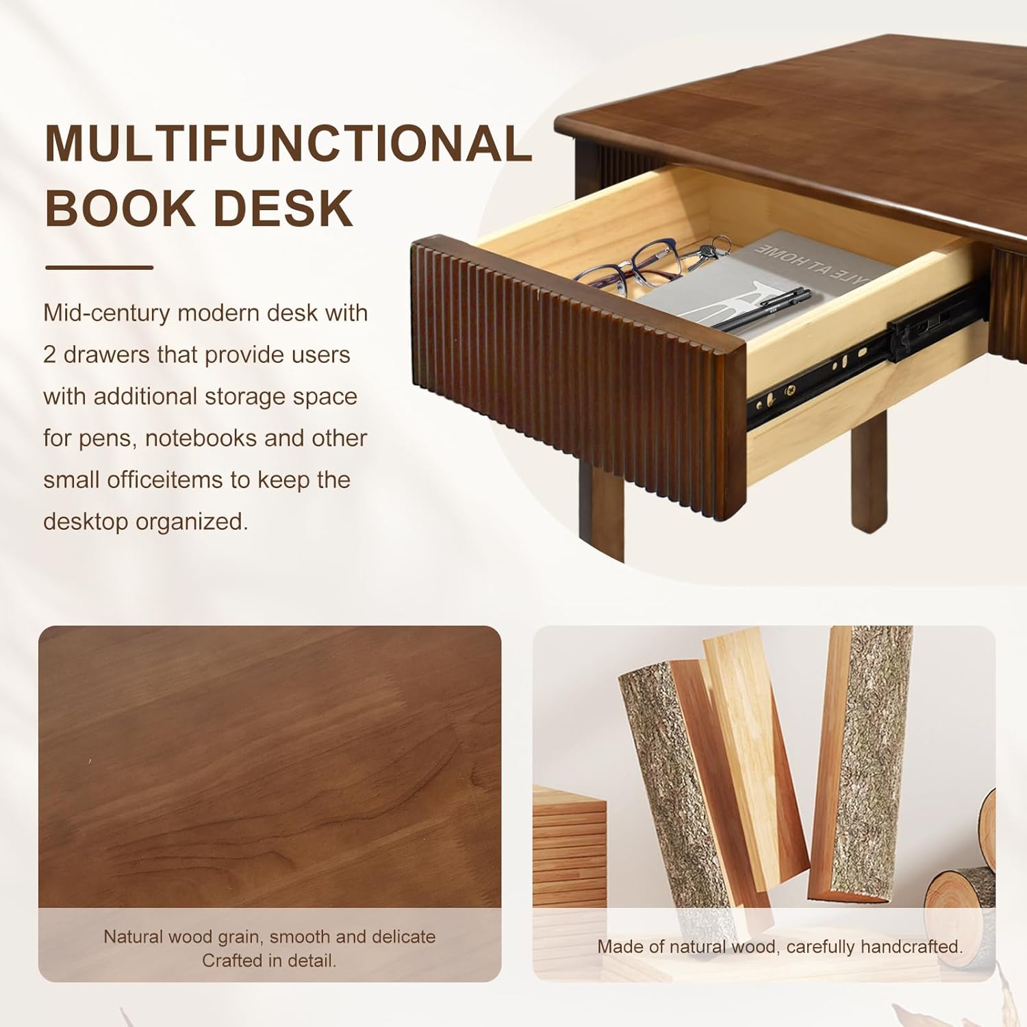 47.2'' Solid Wood Desk with 2 Drawers, Mid Century Modern Home Writing Office Wooden Desk ,Vintage Computer Table with Storage for Living Room, Bedroom, Fluted Design Brown (Walnut, 47.2 Inch) Walnut 47.2 Inch