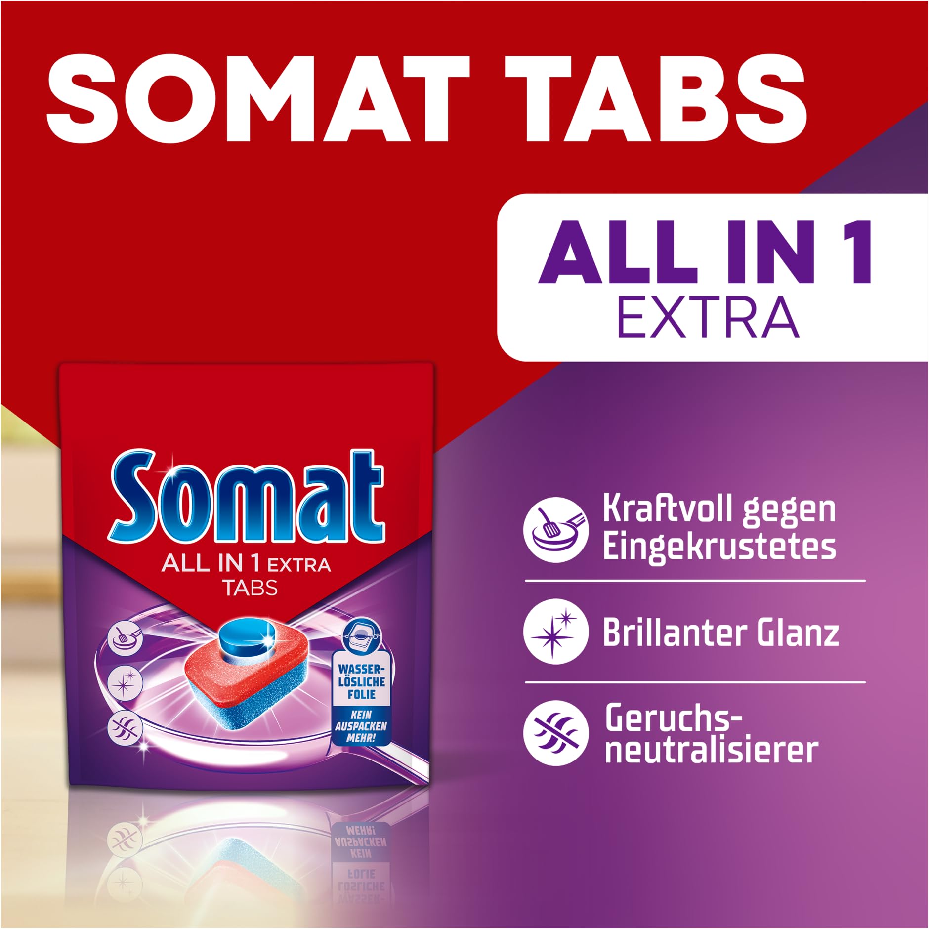 SOMAT All in 1 Extra Spülmaschinen Tabs (2 x 92 Tabs), für strahlend sauberes Geschirr auch im Niedrigtemperatur-, Kurz- & Eco-Programm, entfernt Eingekrustetes und sorgt für brillanten Glanz