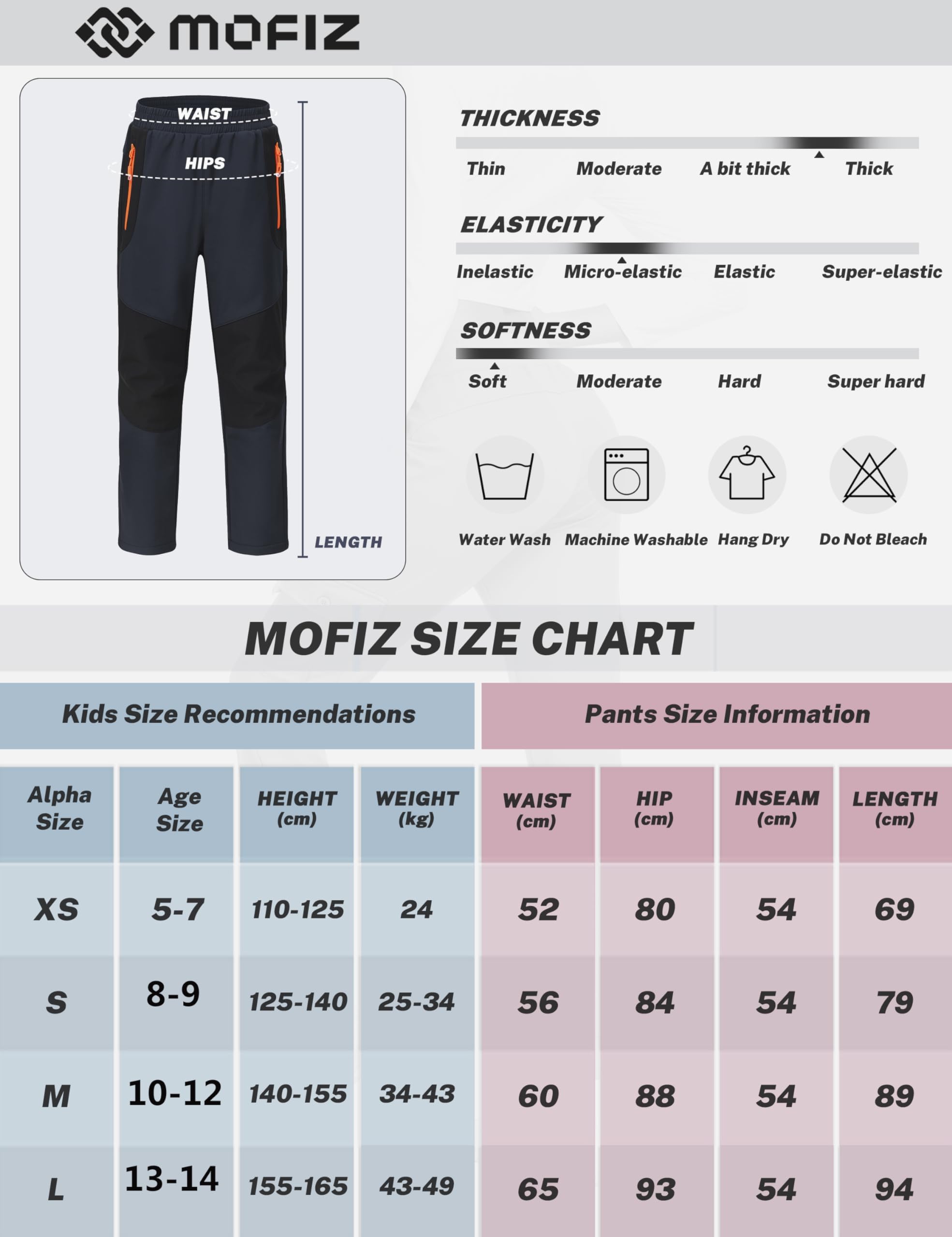 MoFiz Spodnie softshellowe dla dzieci, spodnie narciarskie, termiczne, spodnie robocze, dla chłopców i dziewczynek, miękkie, oddychające, z kieszenią na zamek błyskawiczny