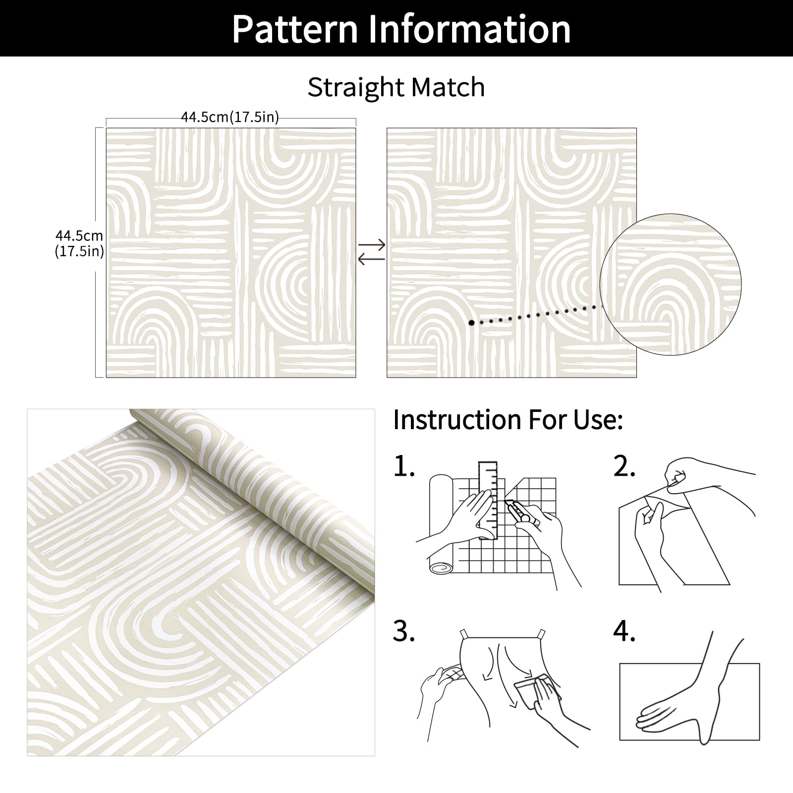 Decotalk Carta da Parati Camera da Letto Beige Mid Century Modern 44.5X900cm Carta da Parati Geometrica Boho Modello ad Arco Peel and Stick Wallpaper per Soggiorno Bagno Scala Sala da Pranzo Corridoio