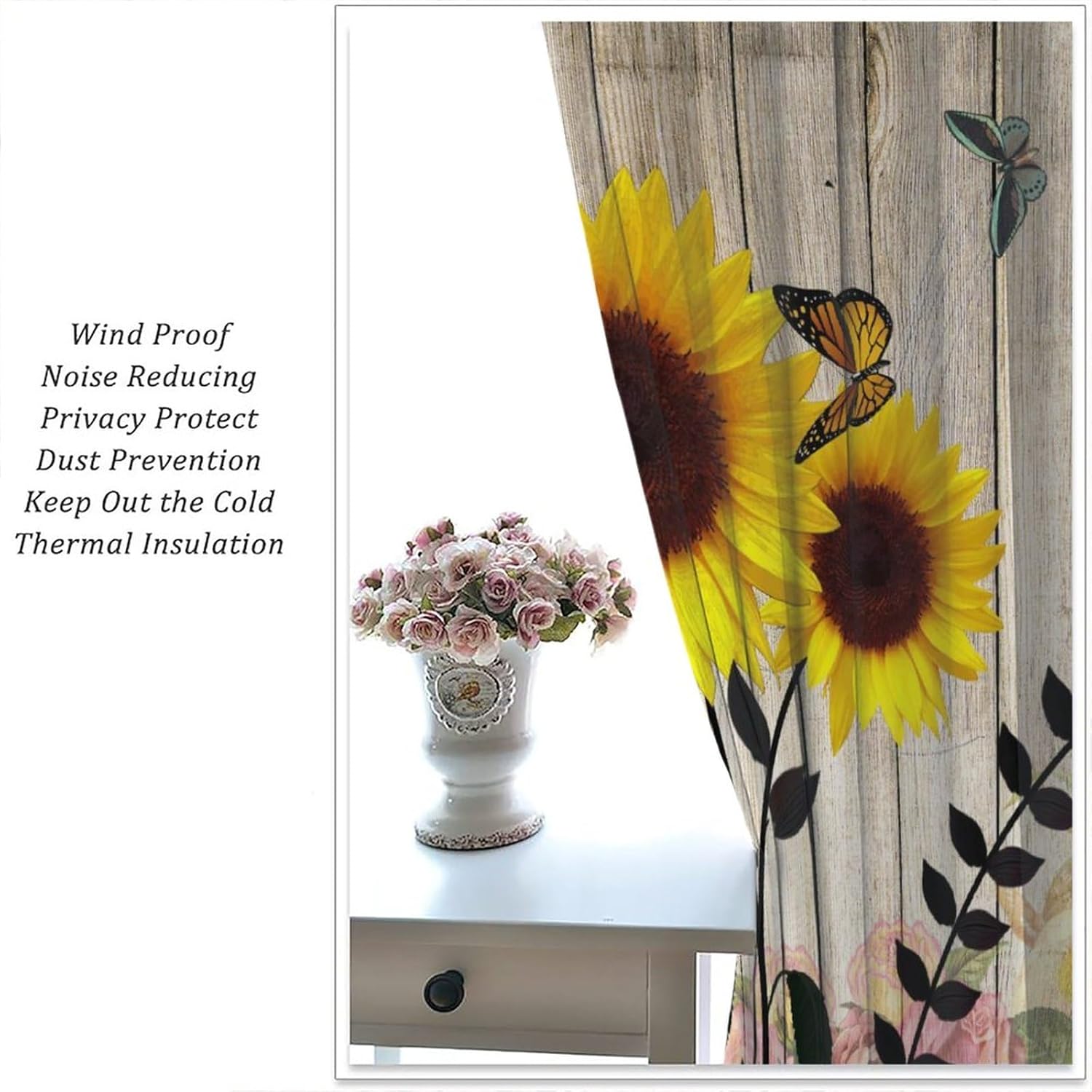 Sunflower Curtains, Vintage Wood Panel Sunflower Butterfly Floral Bedroom Living Room Nursery Window Decorative Curtains 42x54in