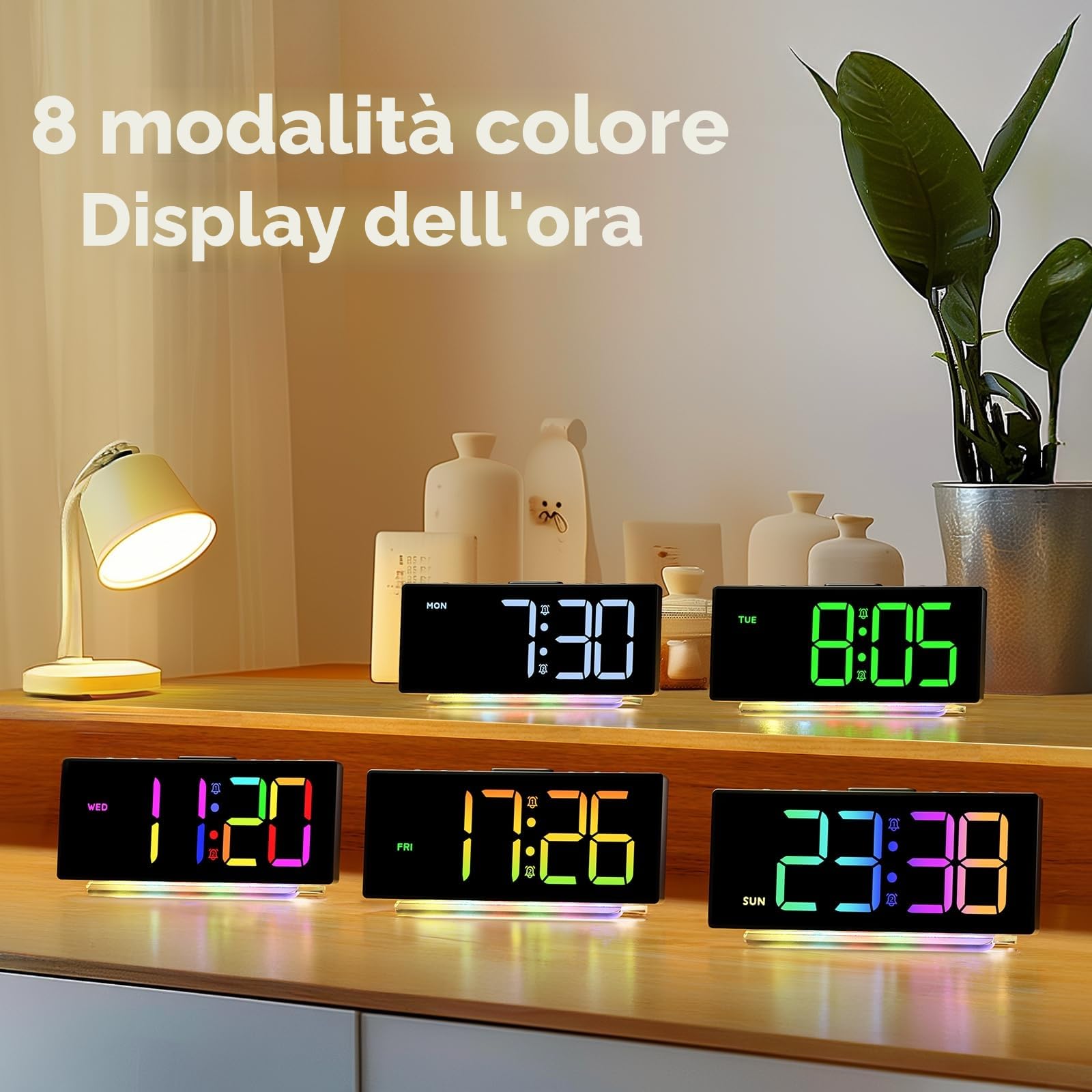 Sveglia da Comodino con Display Digitale a 8 Colori, Snooze, 2 Allarme, Luce Notturna RBG a 7 Colori,4 Livelli di Luminosità, Volume Regolabile, Nero