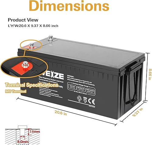 Miniatura 2 de WEIZE AGM - Batería 4D de tamaño grupal, batería de ciclo profundo de 12 voltios y 200 Ah perfecta para RV, caravana, campamento, remolques,
