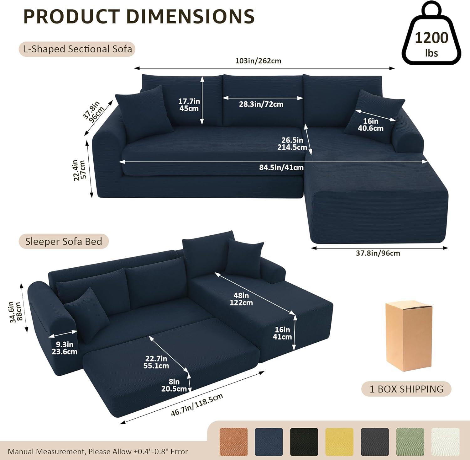 103” Cloud Modular Sectional Sofa with L-Shape Chaise, Modern Corduroy Boneless Sofa with Pull Out Bed, Deep Seat Folding Couch for Living Room, No Assembly Needed, NavyBlue (Left Facing Chaise)