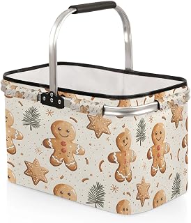 Christmas Gingerbread Trees Collapsible Market Basket Reusable Portable Shopping Basket with Handle Aluminum Heavy Duty Picnic Basket for Travel Outdoor Camping Beach Picnic