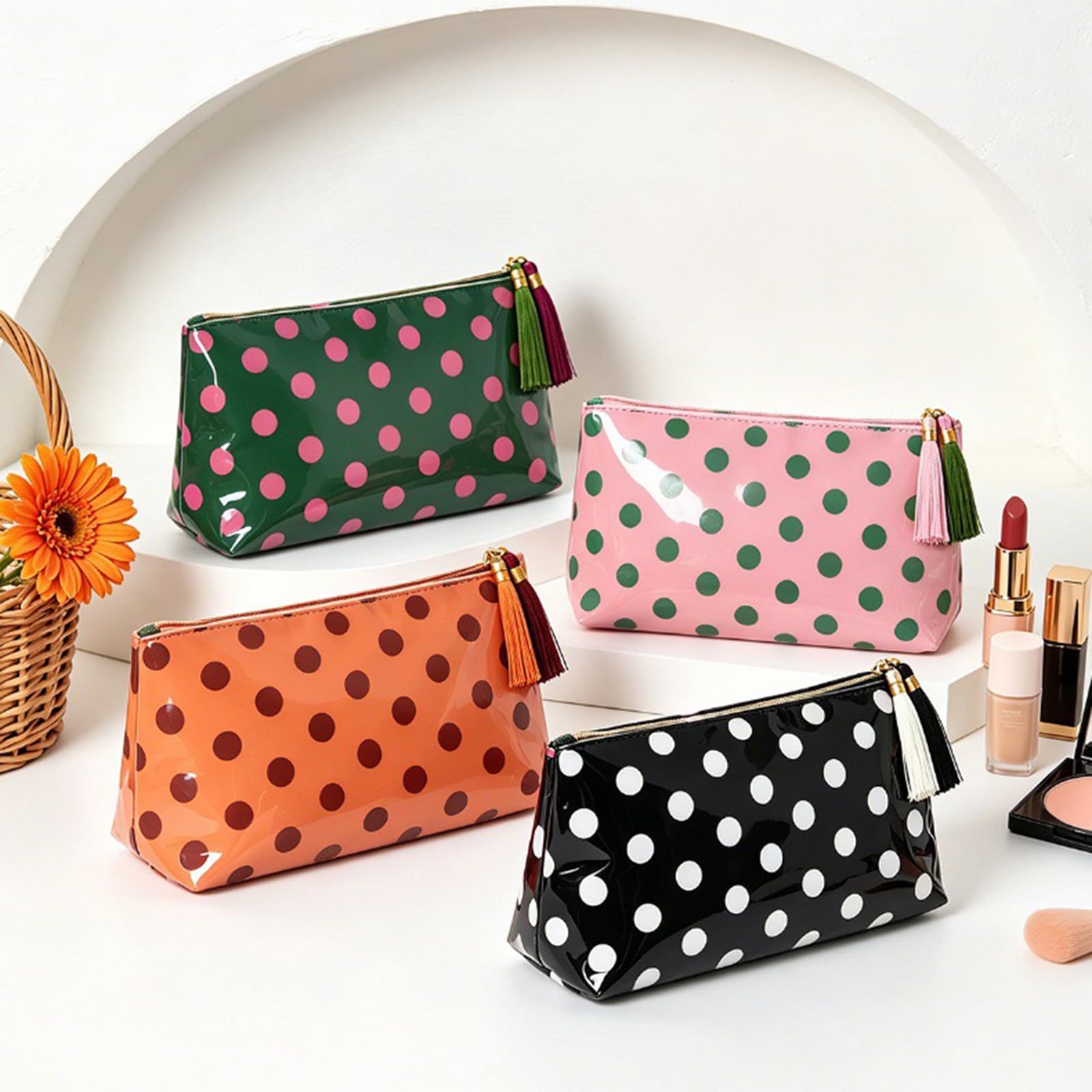 Make-up-Taschen für Damen, PVC, Retro-Motiv, gepunktet, Quaste,