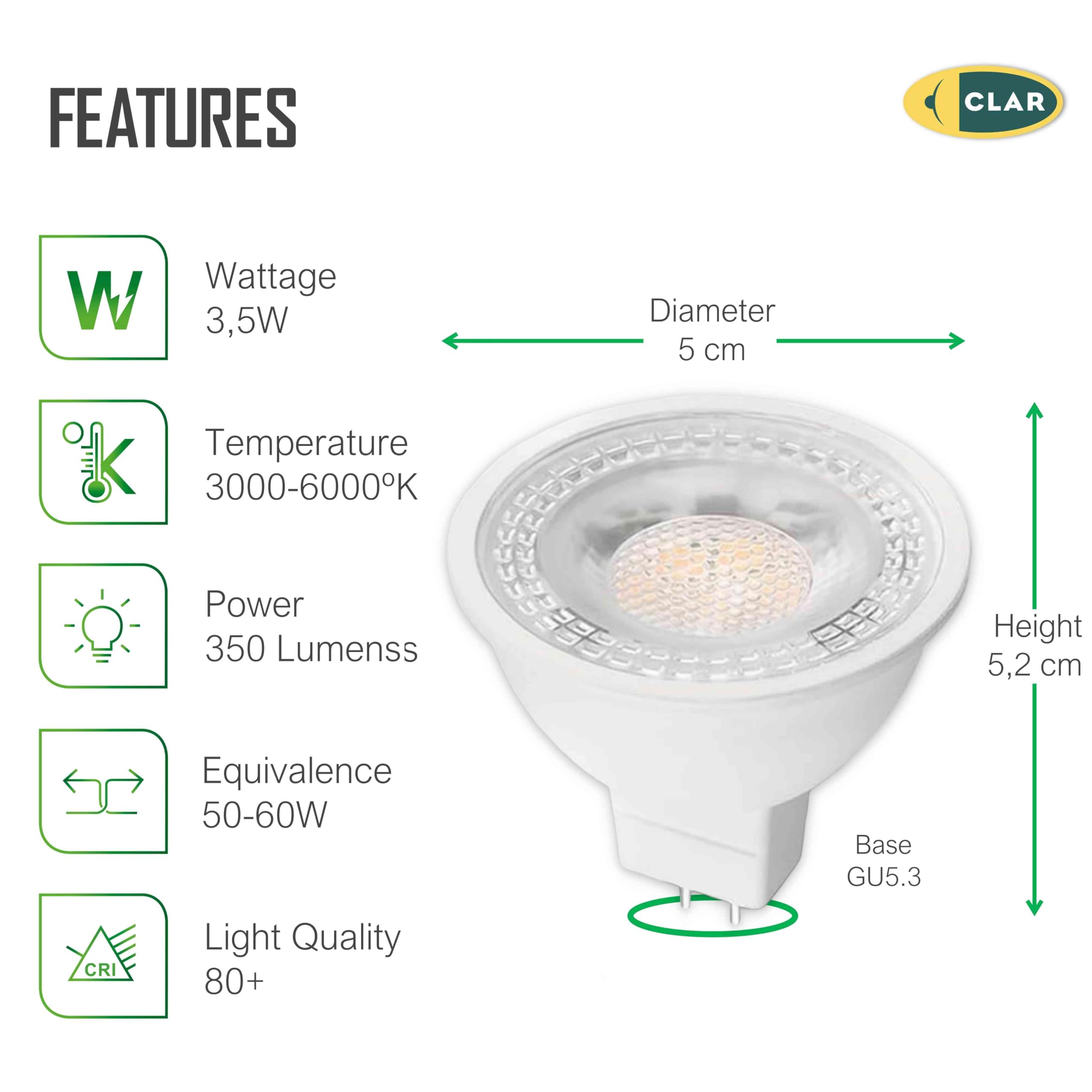 CLAR - Lampadina LED GU5.3, Faretto 12V, Luce Naturale 4000K 3,5W (Pack 20)