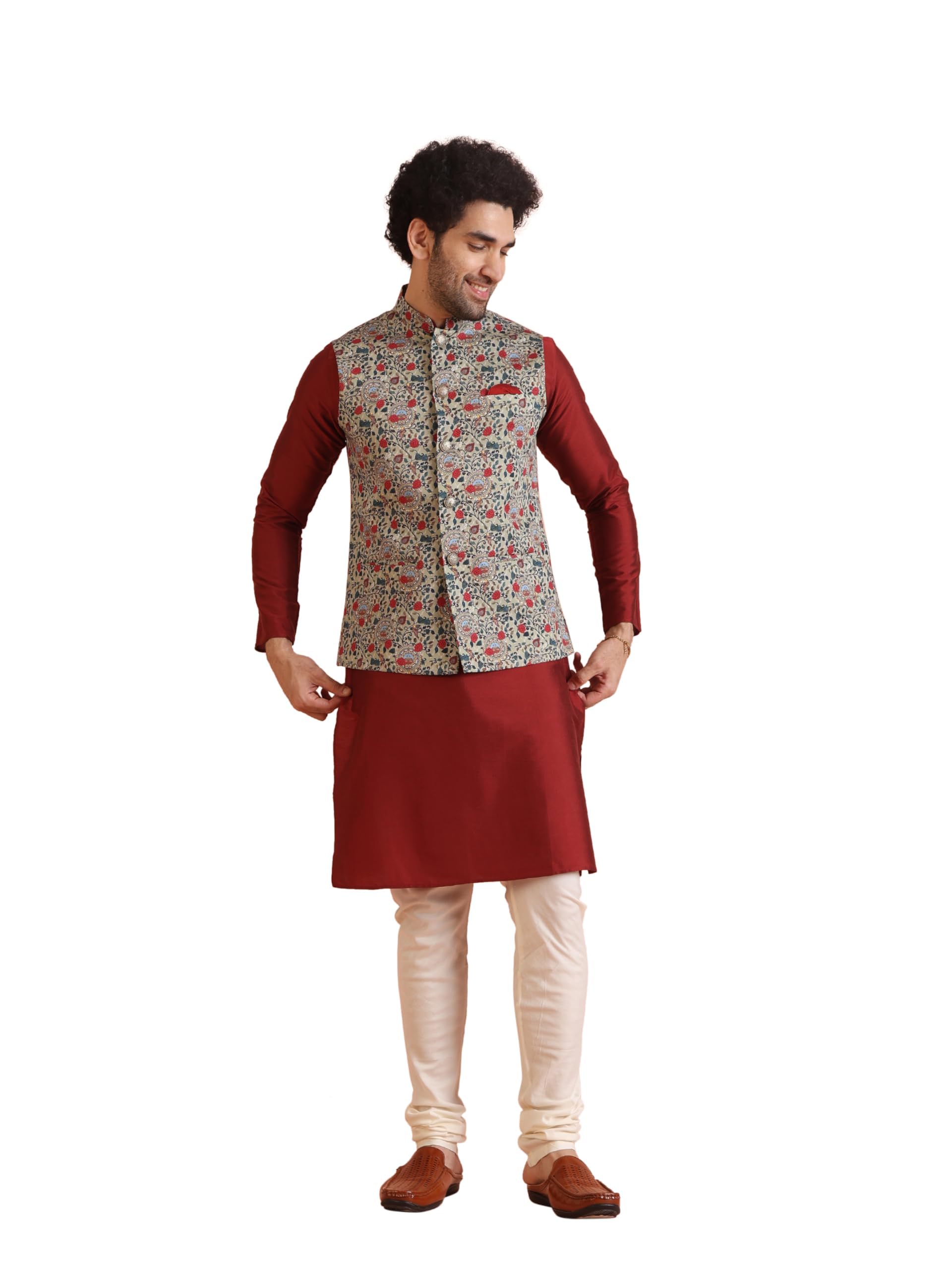 Men's Kurta Jacket Churidar Set, Multi Cotton Blend, Printed Regular Fit Mandarin Collar Long Sleeves-image-37
