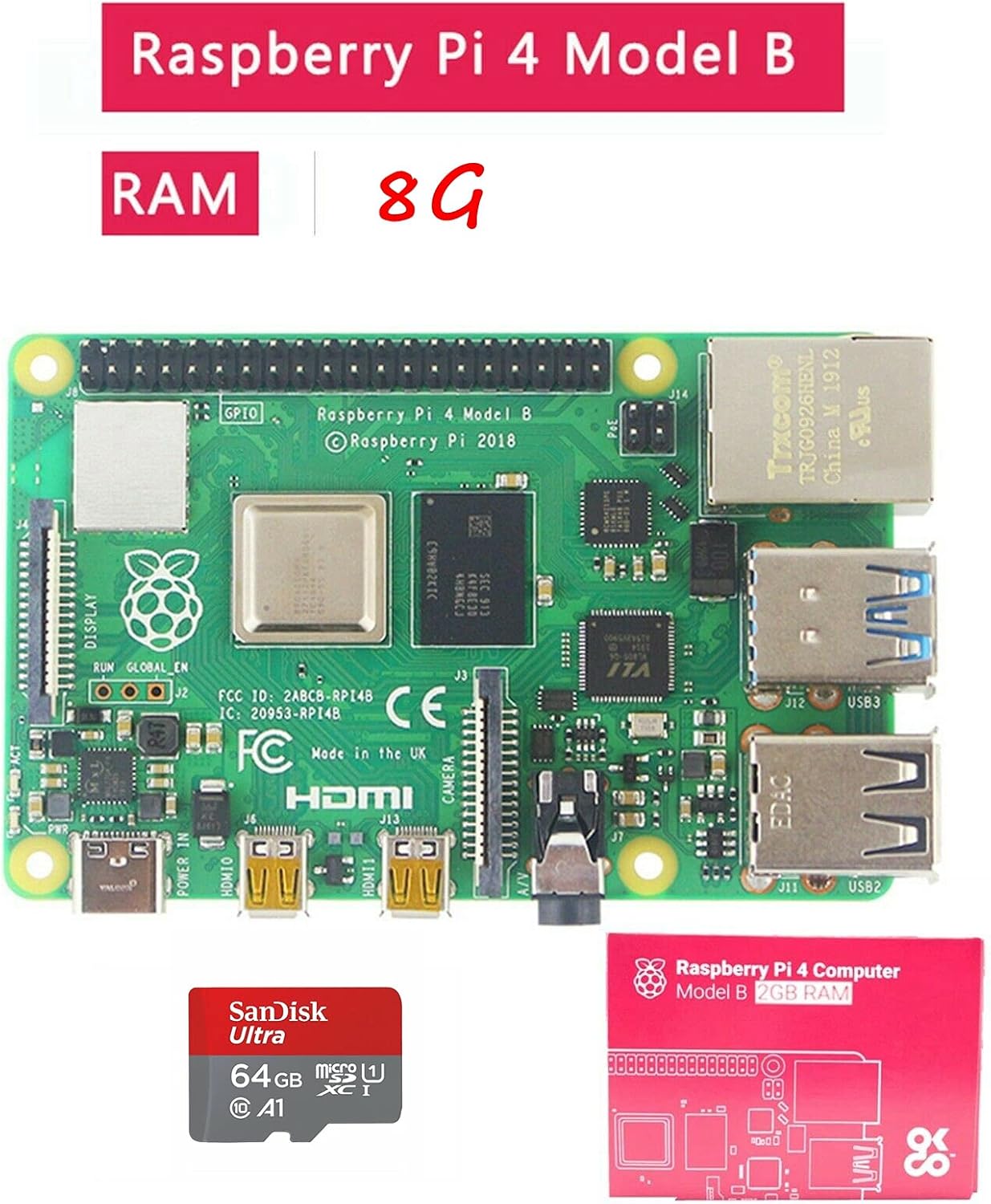DIGISHUO Raspberry Pi 4B Model B 8GB RAM DIY Kit | with Case | Pi Cooling Fan | San Disk 64G SD Card Micro-SD | Micro HDMI Cable | Sufficient 5V 3A Power Supply (8G Module 8 in 1 Kit)
