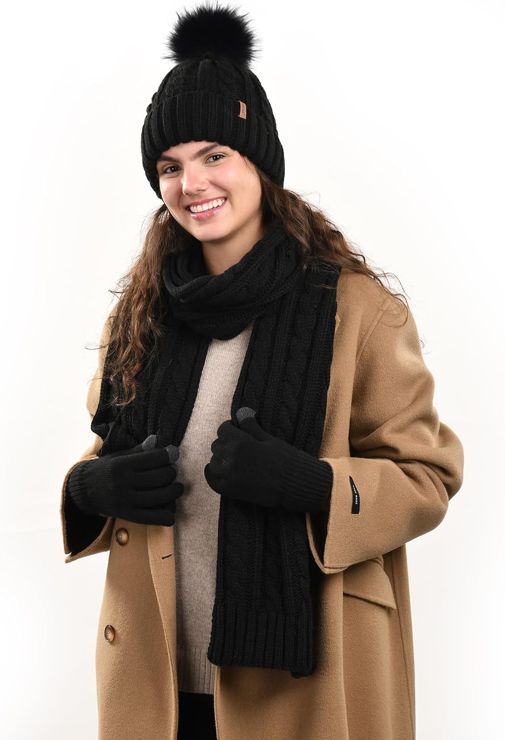 FURTALK Womens Winter Hat Gloves Scarf Set Fleece Knit Pom Beanie Warm Neck Warmer Touchscreen Gloves 3 in 1 Gift Set - Image 5