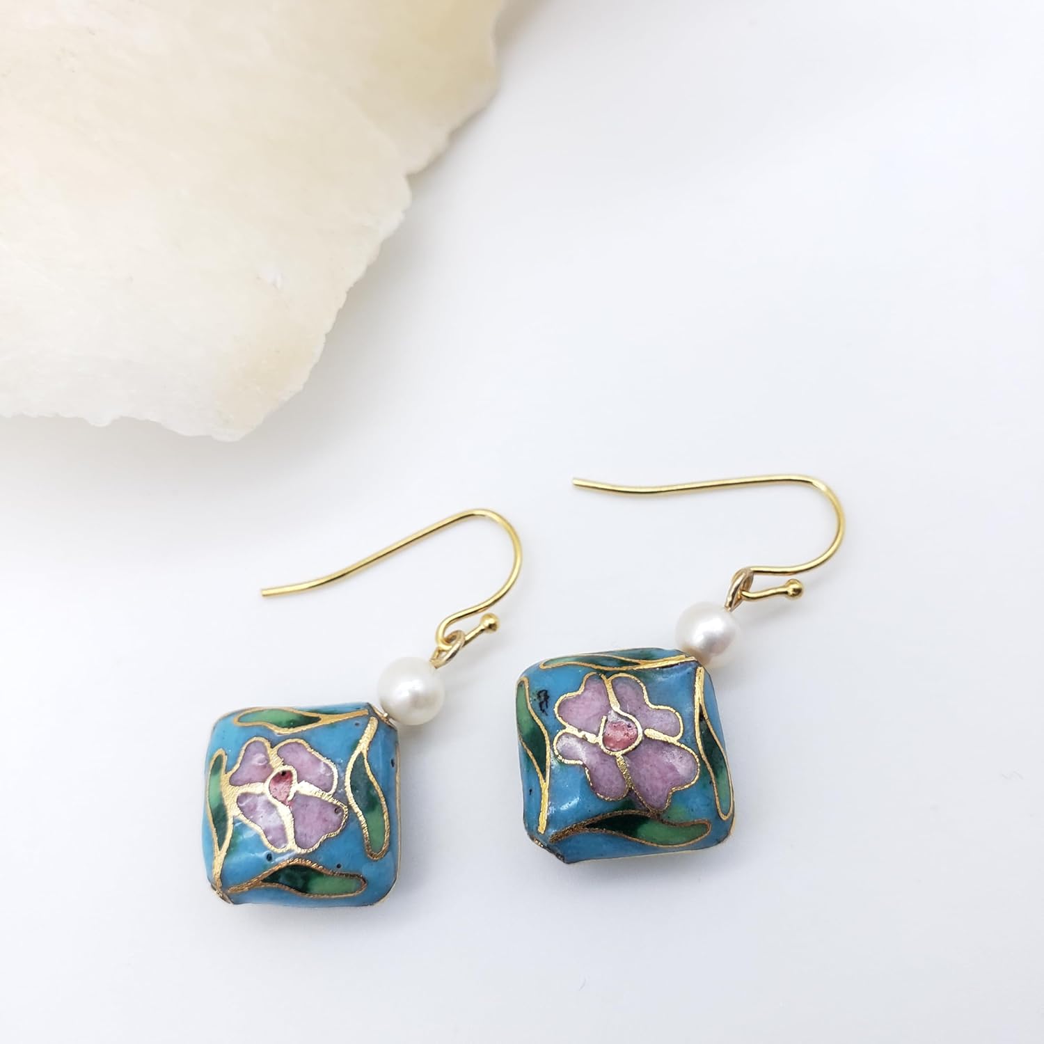 Asian Floral Earrings with Pearl - Cloisonne Bead - Soft Blue