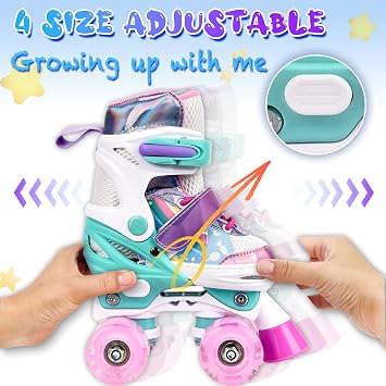 Roller Skates for Kids Ages 5 6 8 12 Year Old 4 Size Adjustable Quad Roller Skates for Girls Boys Toddler with Light Up Wheels Best Children Gift for Beginners Indoor Outdoor Sports