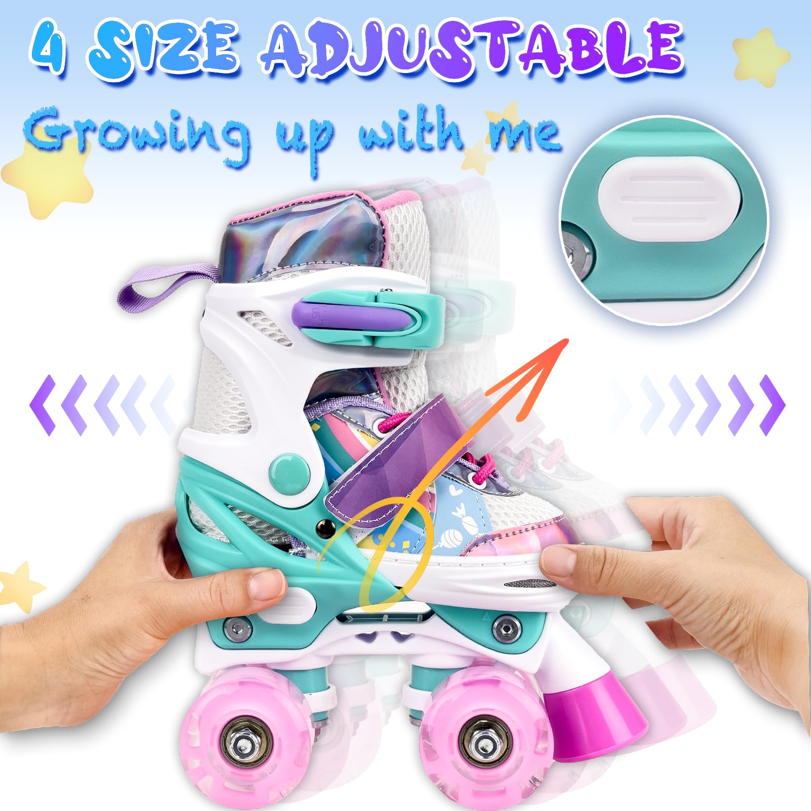 Patines de ruedas para niños de 5, 6, 8, 12 años, 4 tamaños, ajustables, para niñas y niños pequeños, con ruedas iluminadas, para interiores y exteriores, color rosa 2