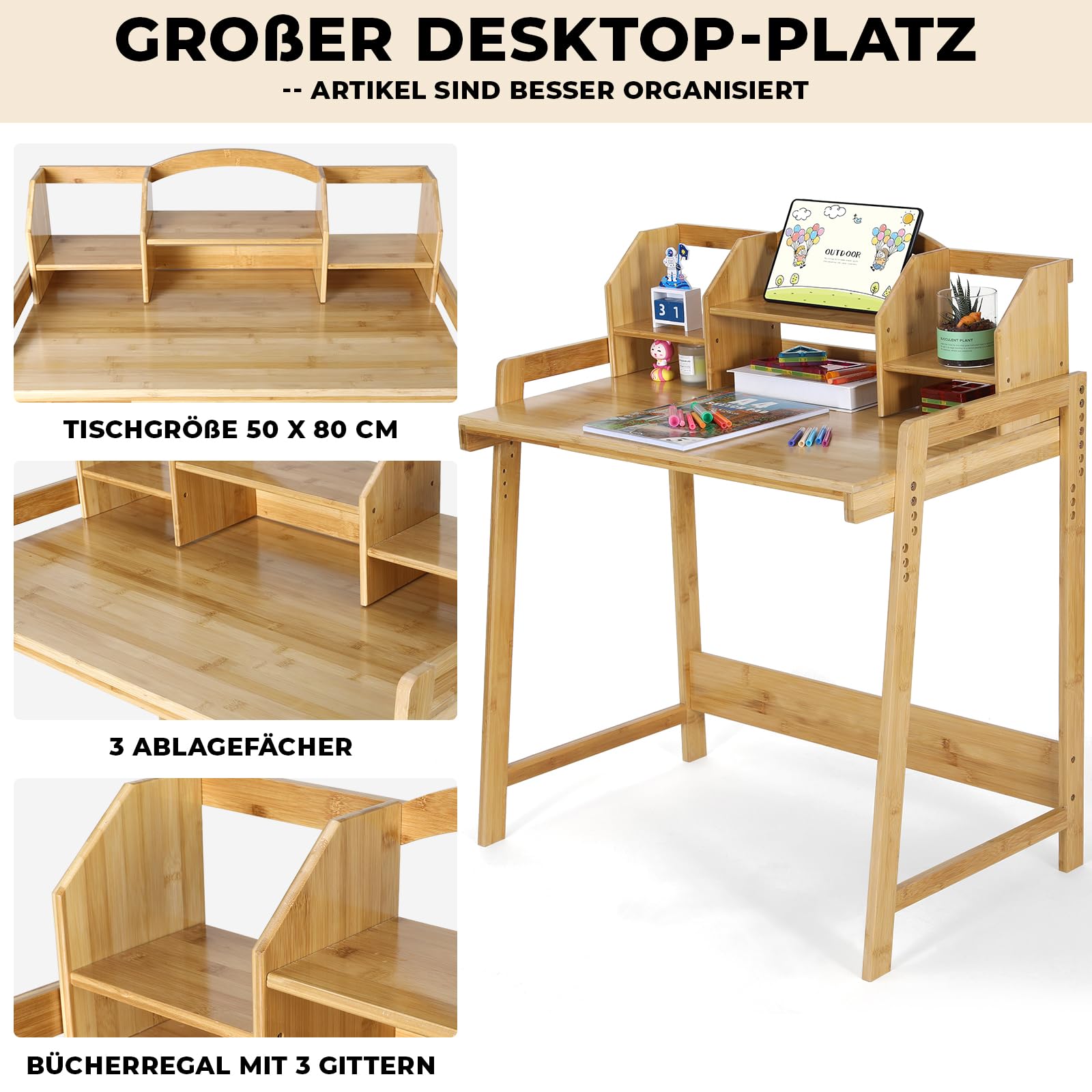MAMIZO Kinderschreibtisch Höhenverstellbar, Kinder Schreibtisch mit Stuhl, Bambus Holz Schreibtisch, Schülerschreibtisch mit Buchhalterung Stauraum, Schreibtisch Set für Kinder, Natürliche Farbe