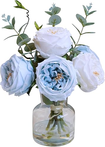Forlaoers White Blue Roses Floral Artificial Flowers with Vase Silk Flower Arran