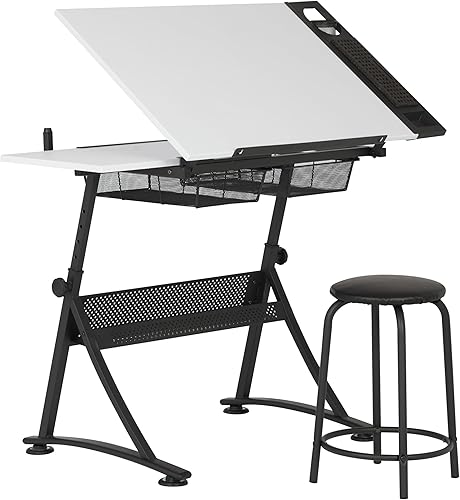 Studio Designs - Escritorio de arte con bandeja de 24 pulgadas y taburete, color carbónblanco
