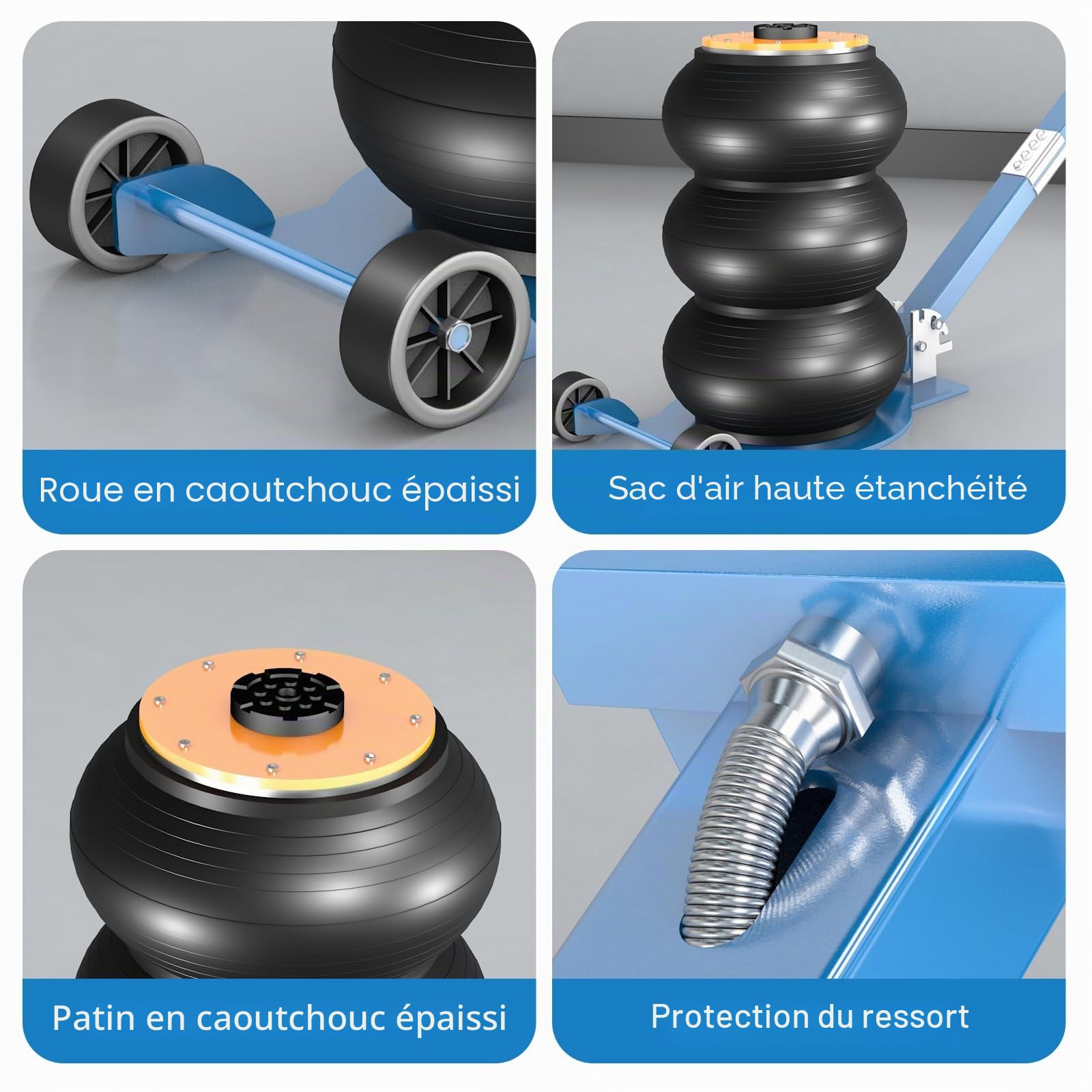Larbanke Cric pneumatique, 3 tonnes/6600 lbs - Cric à 3 sacs gonflables avec colonne surélevée, avec tube d'air protégé par ressort, hauteur de levage jusqu'à 40 cm, avec poignée longue réglable