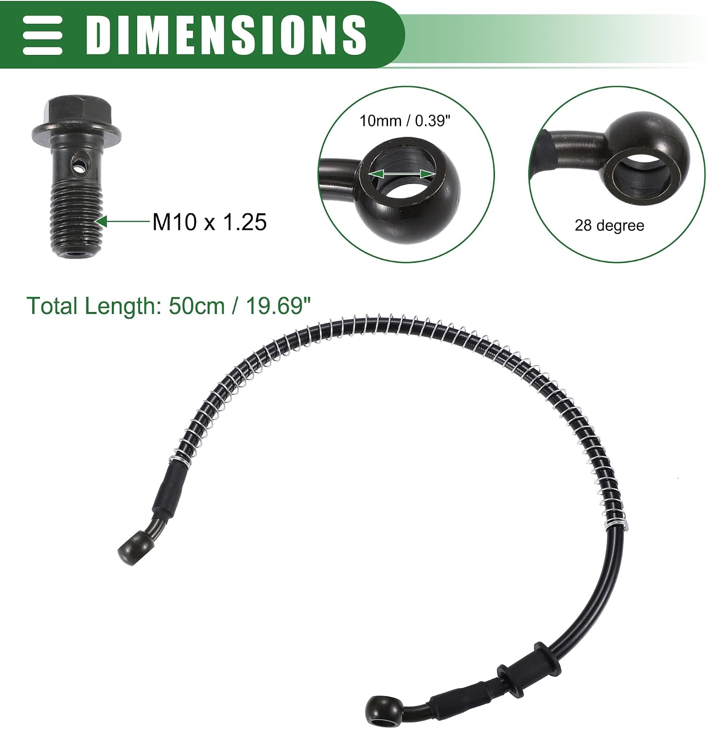 Motoforti Universal 10mm 28 Degree Motorcycle Brake Oil Hose Line Pipe, 50cm 19.69" Length, Durable, Stainless Steel, Black