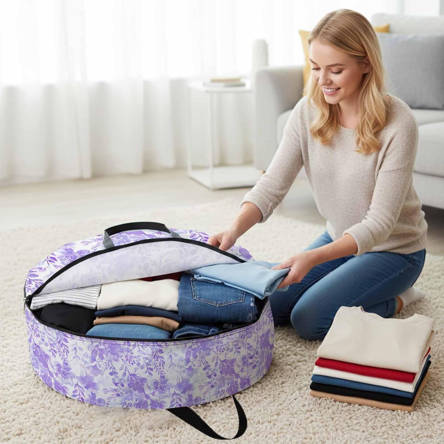 Storage Bag Watercolor Flower Round Storage Totes Bins Closet Organizers with Zippers & Handle Purple Floral Plant Clothes Storage Container for Bedroom Dorm Space Saving Packing Supplies Moving Bags