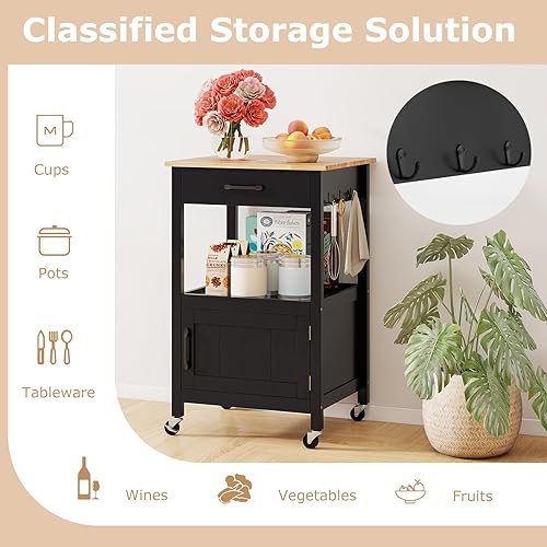 Miniatura 6 de Giantex Carrito de cocina con almacenamiento, pequeña isla de cocina con ruedas, con cajón, 3 ganchos, carrito rodante con encimera de carnicero de