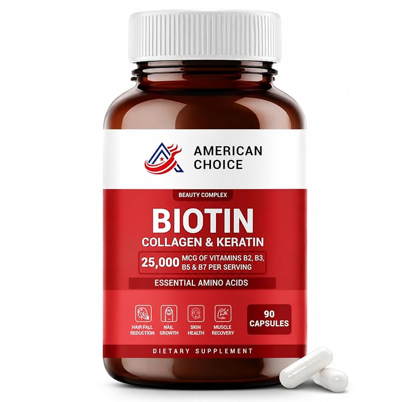 American Choice Suplemento de biotina com colágeno, queratina e aminoácidos — 25.000 mcg — 90 cápsulas