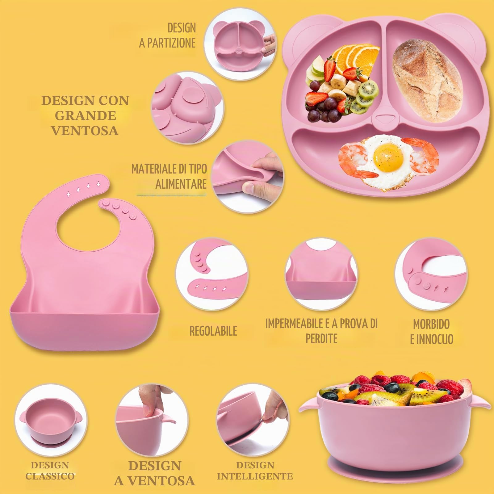 Posate set da 10 pezzi in silicone antiscivolo con ventosa, bavaglino, ciotola, cucchiaio, forchetta, beige