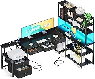 Coleshome Eckschreibtisch mit 5 Schubladen & 4 Regalen, 180×100cm Schreibtisch L-Form mit LED, Steckdosen & USB, großer Schreibtisch für Homeoffice, Schwarz