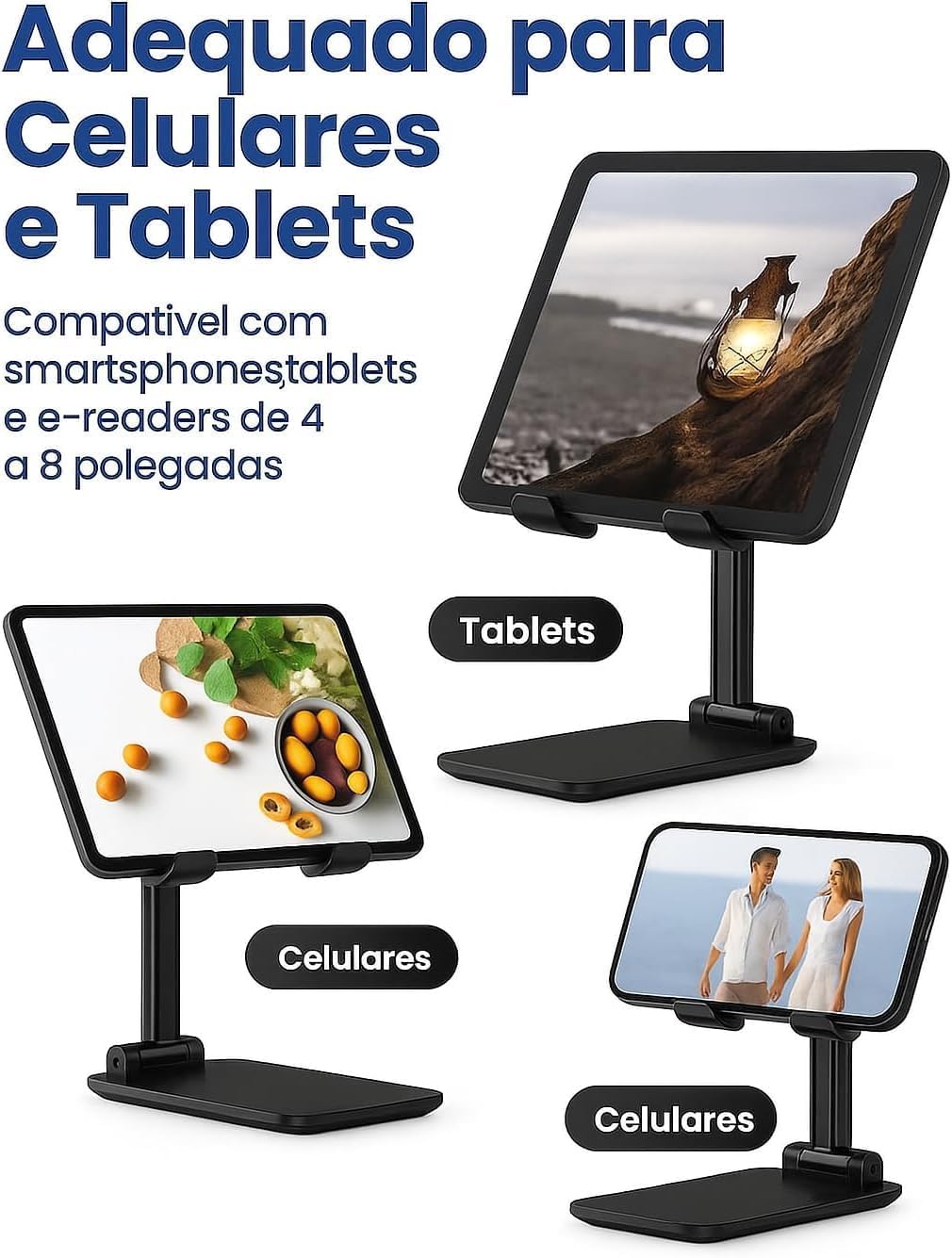 Suporte de Mesa para Celular e Tablet - Ajustável/Dobrável – Compatível com Diversos Aparelhos – Base Antiderrapante – Ideal para Vídeos, Lives e Home Office (Preto/Branco).