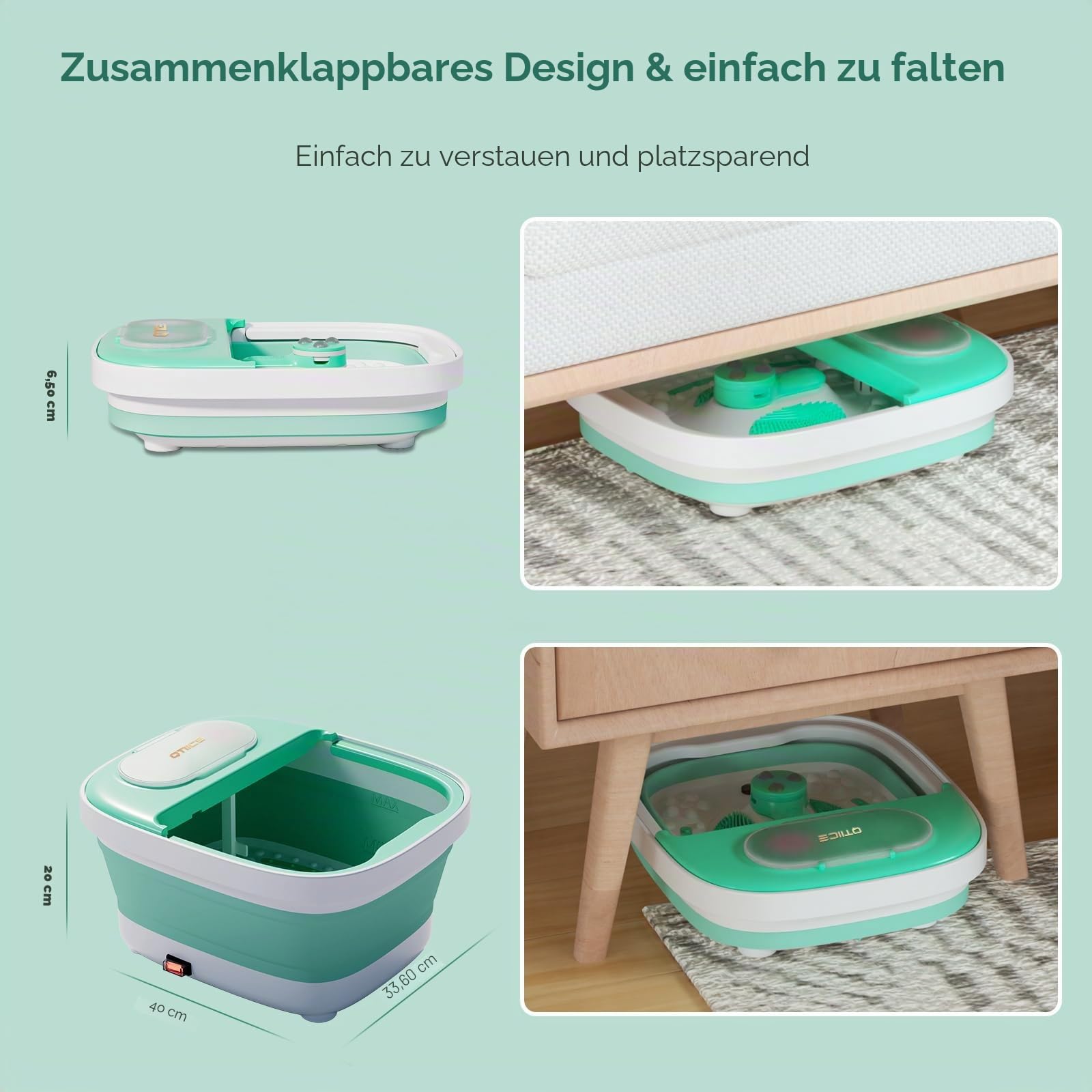 Zusammenklappbares Fußbad und Massagegerät mit Heizung, Blase, Virbration, Rotlicht, Fußbadeschüssel mit 3 Pediküre-Aufsätzen zur Pflege Ihrer Füße (grün) | Fußbadeschüssel mit 3 Pediküre-Aufsätzen zur Pflege Ihrer Füße (grün)