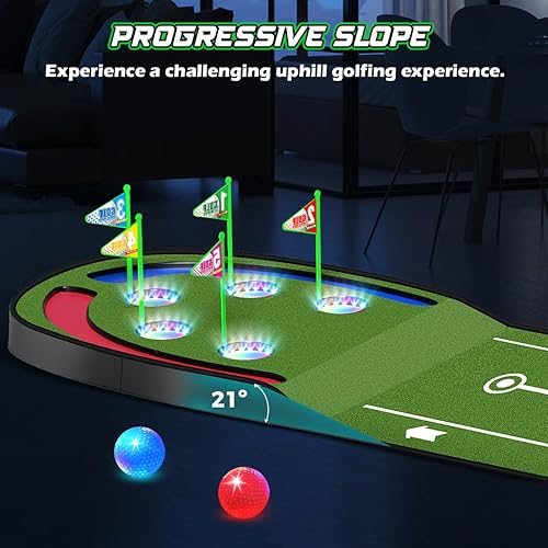 Miniatura 2 de Alfombra de Golf Mejorada para Niños, Verde de Golf de 2.37 m con Agujeros LED Iluminados, Bolas Luminosas, 2 Palos, Juego de Golf de Juguete,