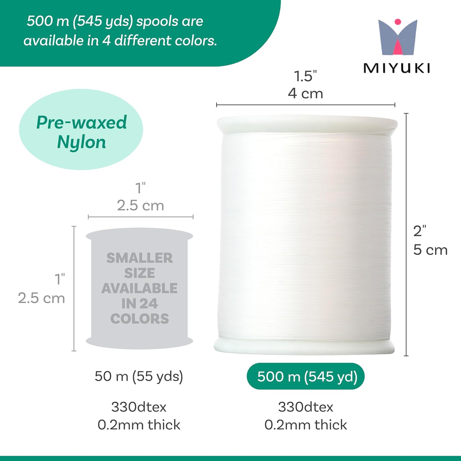 Miyuki Beading Thread – Pre-Waxed Nylon String for Stringing Projects, 500 Meter/545 Yard Spool, White Color, .2mm Diameter, Made in Japan