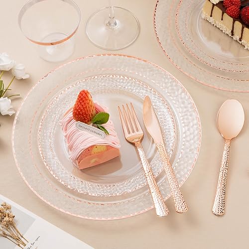 Miniatura 5 de 350 platos de plástico transparente con ribete de oro rosa para 50 invitados, juego de vajilla desechable para fiestas, bodas, incluye 100 platos de
