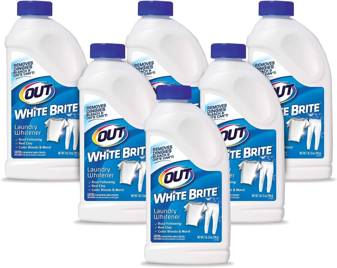 OUT White Brite Laundry Whitener Powder, Stain Remover Detergent Booster for Clothes, Removes Red Clay and Rust Stains on White Clothing and Uniforms, 1 Pound 12 Ounce, Pack of 6