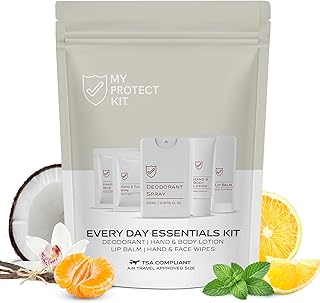 MY PROTECT KIT Everyday Essentials Travel Kit – 8 Pieces Hygiene & Toiletry Set with Deodorant Spray, Lotion, Lip Balm & Cleansing Wipes, Self Care Kit for Purse, Gym, Hotels & Airbnb, Pack of 1