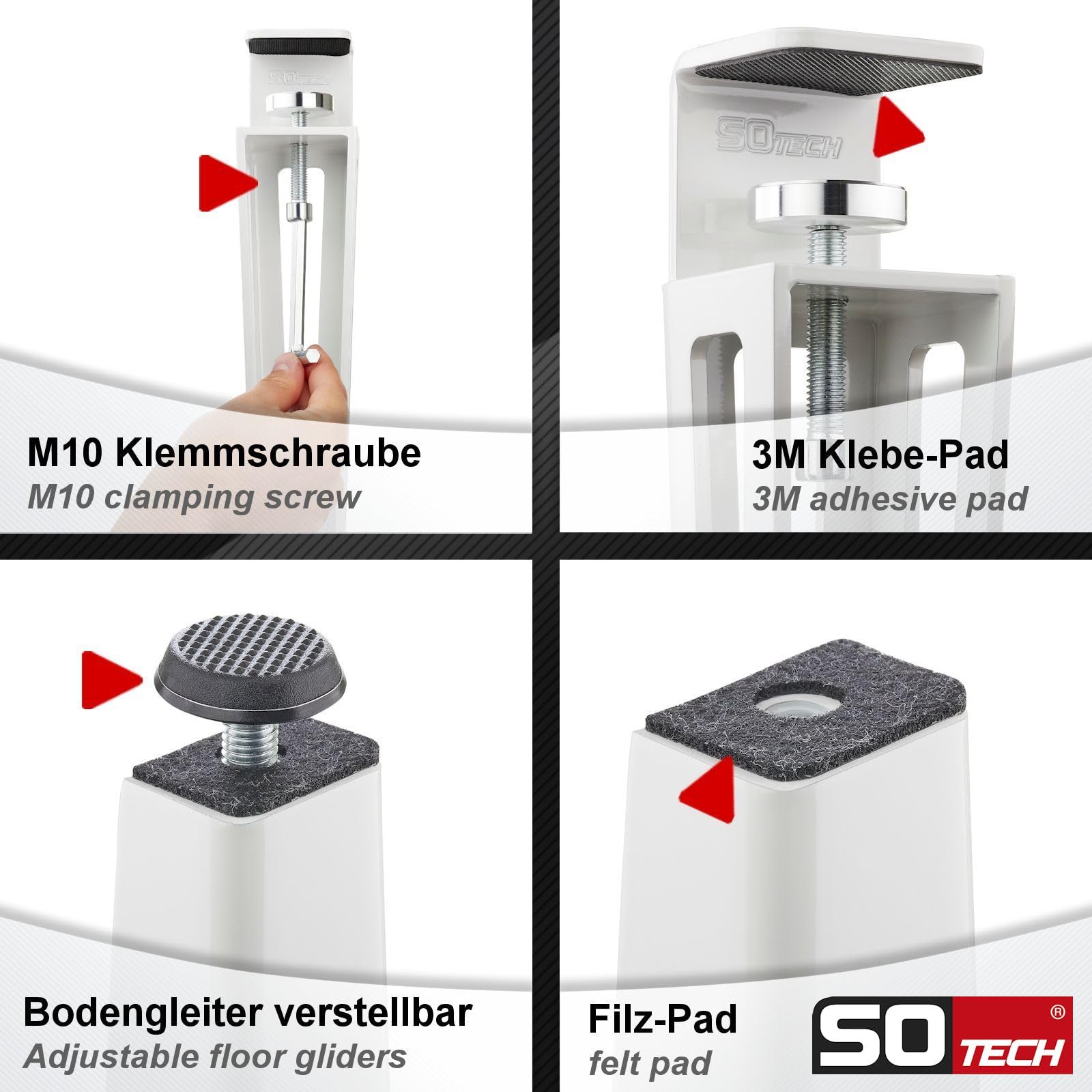 SOTECH lot de 4 pieds de table en forme de F hauteur 745 mm réglables blanc coniques de 70 à 40 mm avec vis de serrage (sans perçage) pour table de cuisine, table à manger, table de bureau