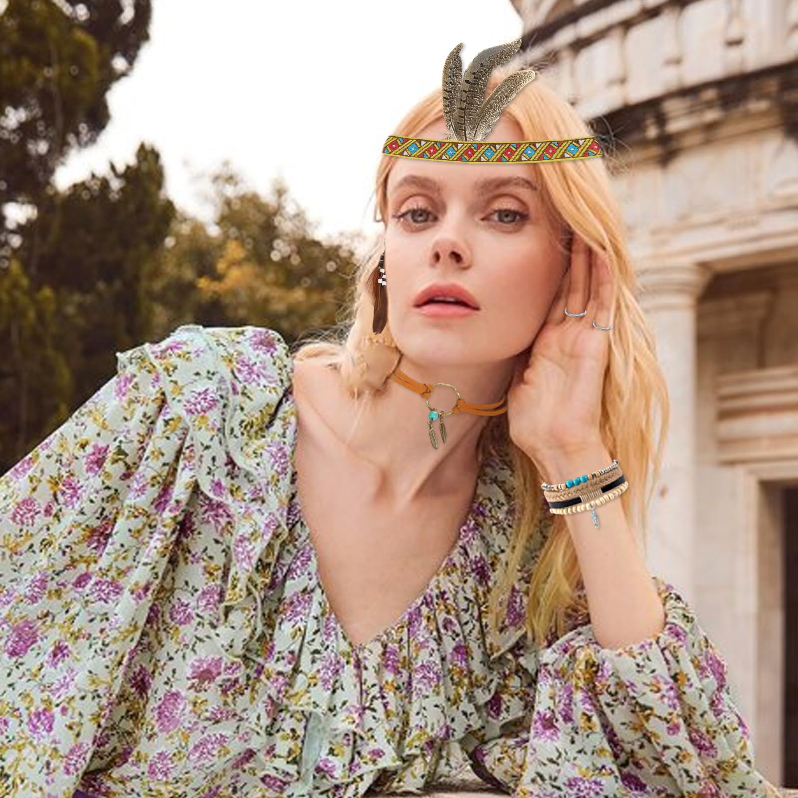 Booaee Disfraz de indio vintage boho para mujer, 12 unidades, accesorios indios, tocado indio, pluma, diadema, pendientes, collar de piel, pulsera turquesa, anillos para carnaval y más